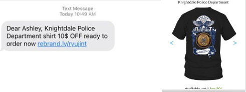 Knightdale Police Department Tshirt Scam Text