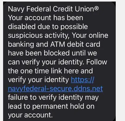 Navy Federal Account Disabled Scam Text