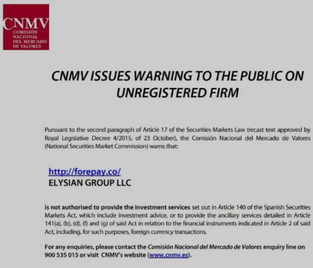 CNMV  warning against Forepay