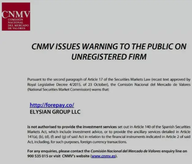 CNMV warning against Forepay