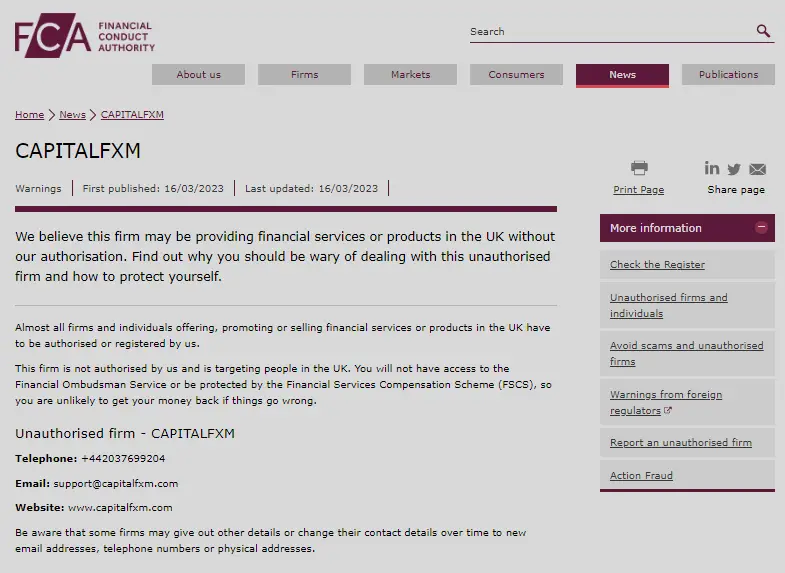FCA Warning against Capital FXM