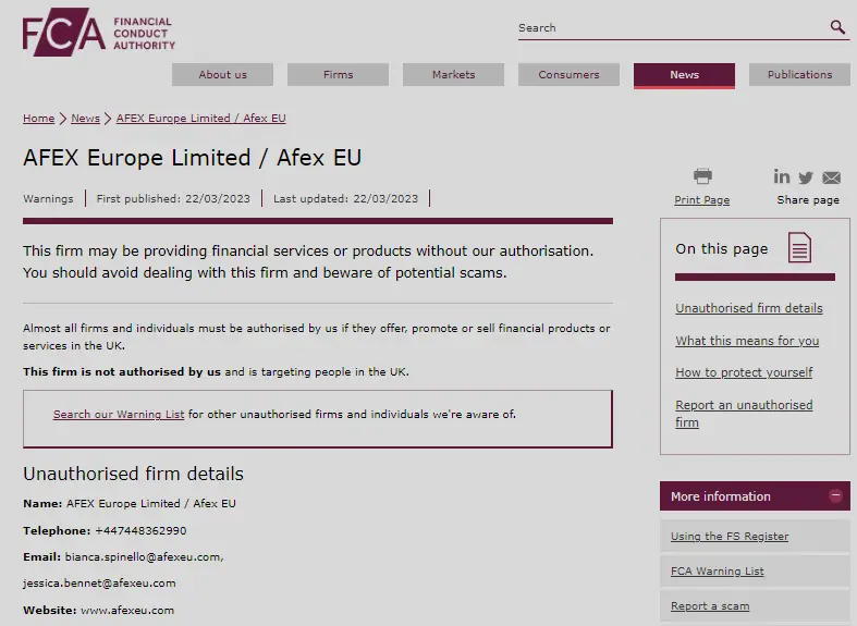 FCA Warning against  Afex EU 