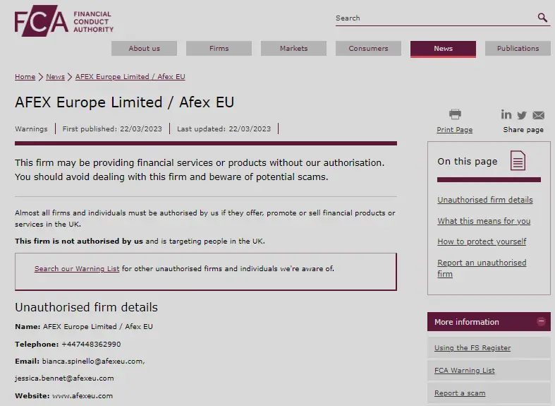 FCA Warning against Afex EU