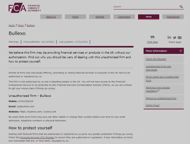 FCA Warning against Bullexo
