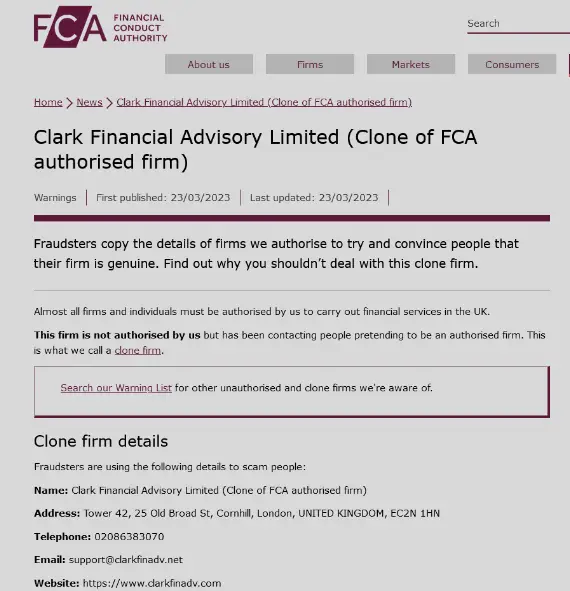 FCA Warning against  Clark Financial 