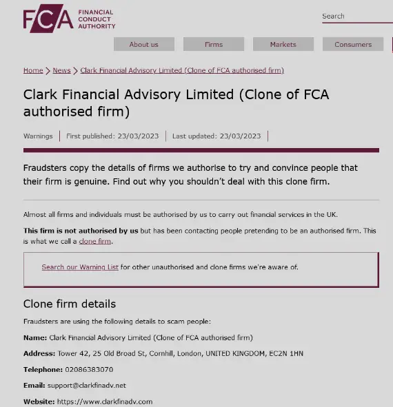 FCA Warning against Clark Financial