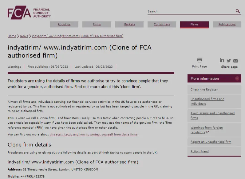 FCA Warning against   Indyatirim.com