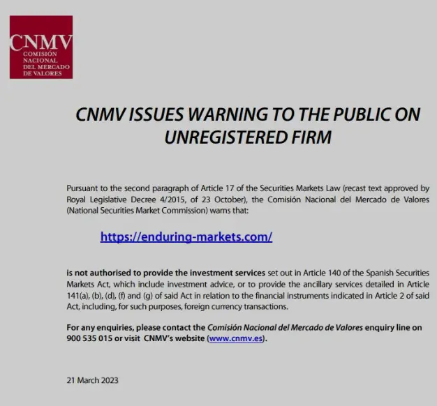 CNMV blacklisted Enduring-markets.com