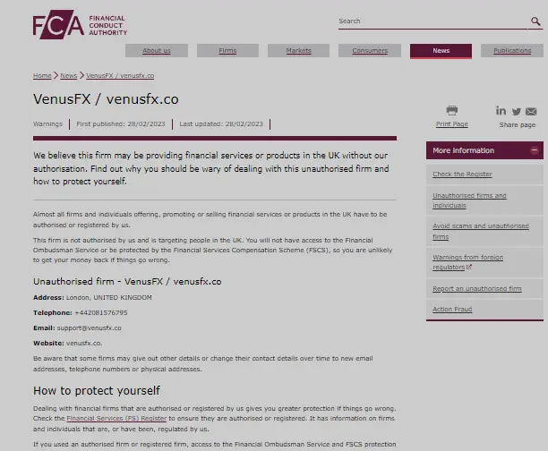 FCA Warning against  Venusfx.com  