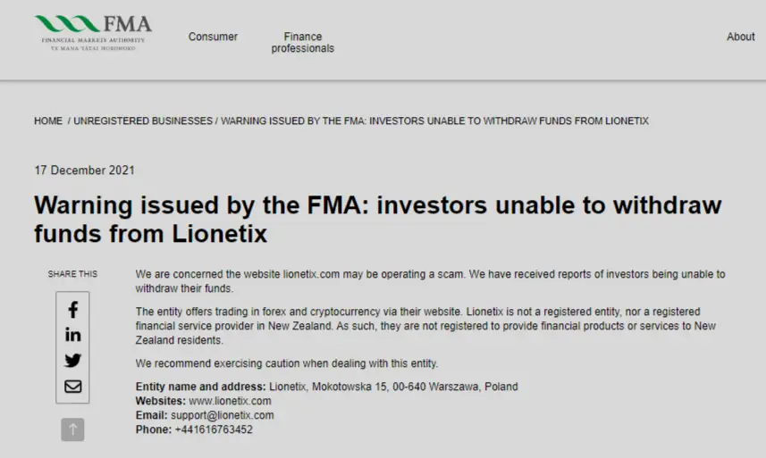 FMA Warning against  Lionetix Broker