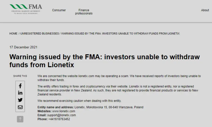 FMA Warning against Lionetix Broker