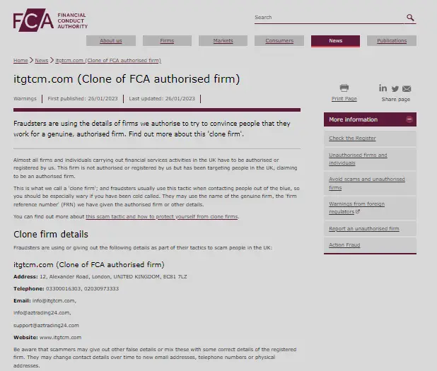 FCA Warning against  itgtcm.com