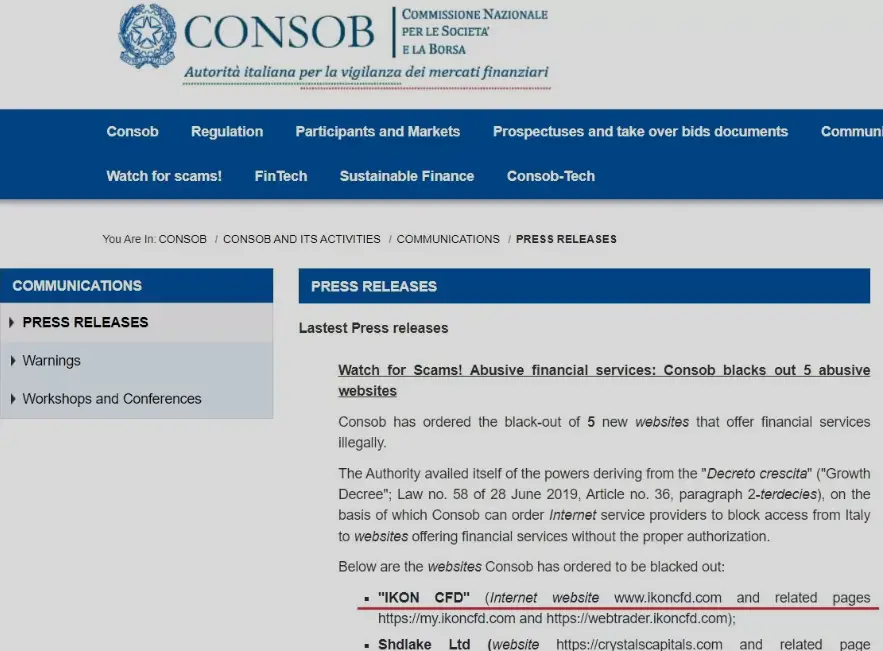 CONSOB  blacklisted  Ikoncfd.com 