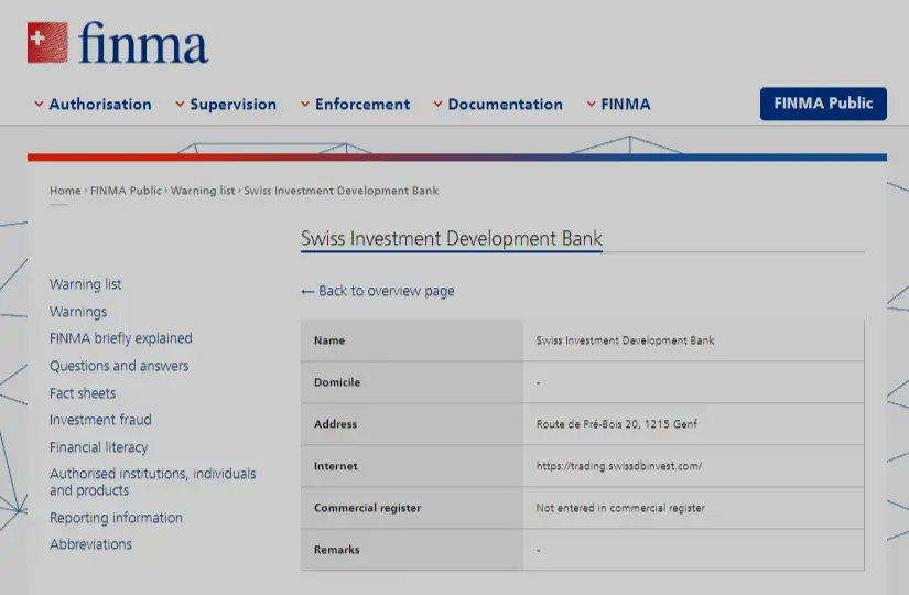  FINMA has blacklisted  Swissdbinvest 