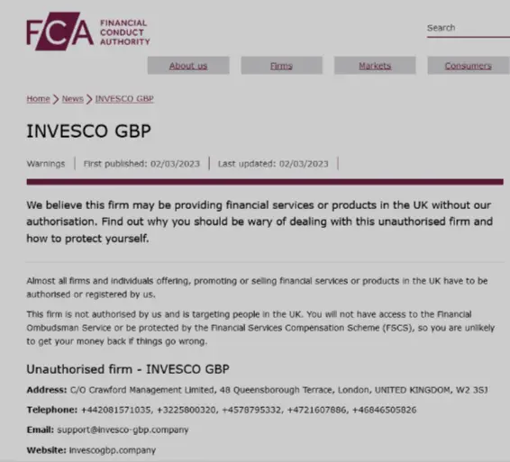 FCA Warning against  Invescogbp.company 