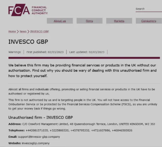 FCA Warning against Invescogbp.company