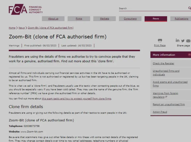 FCA Warning against Zoom Bit