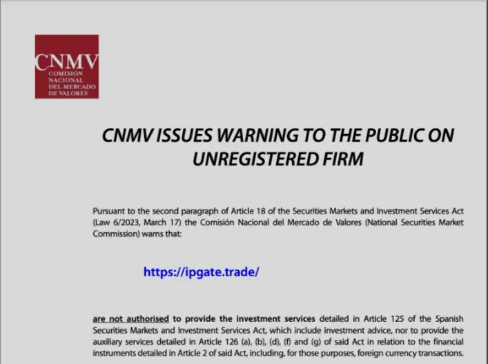 CNMV Warning against Ipgate.trade