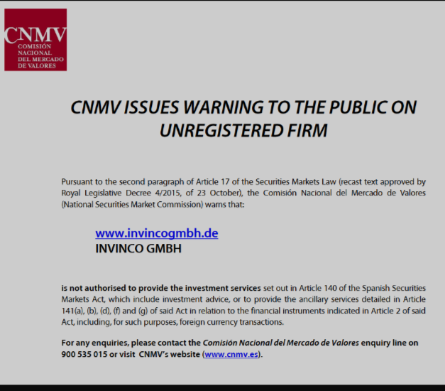 CNMV Warning  invincogmbh.de