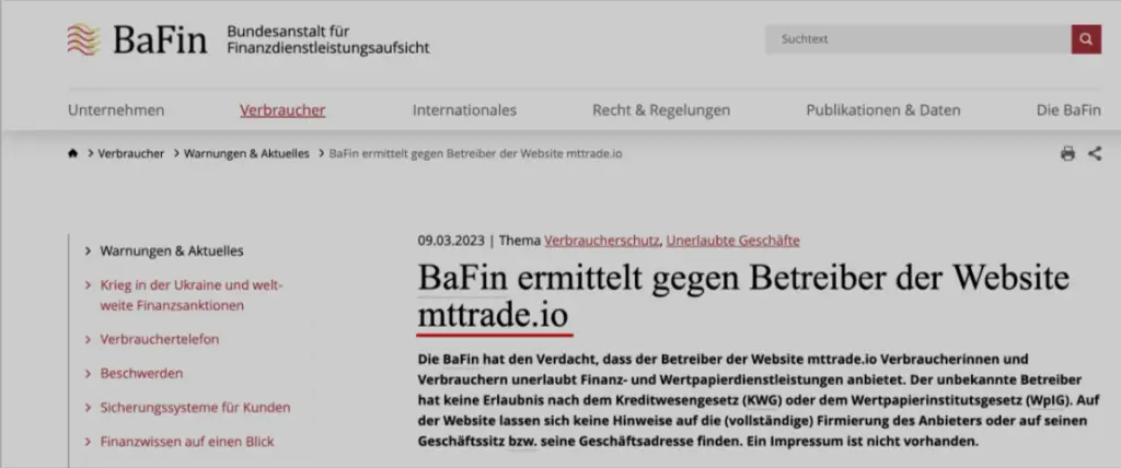  BaFin Blacklisted mttrade.io 