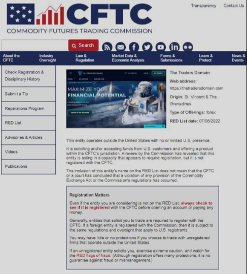 CFTC Warning against  Thetradersdomain.com 