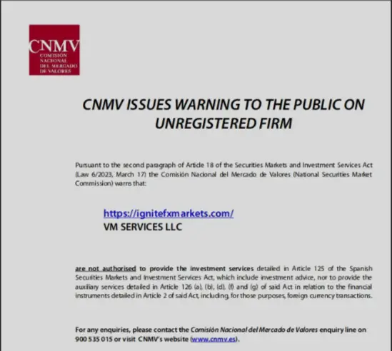 CNMV Warning against ignitefxmarkets.com