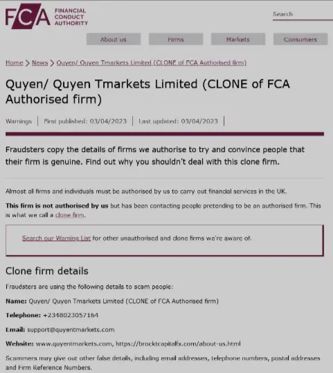 FCA Warning  Quyentmarkets.com 