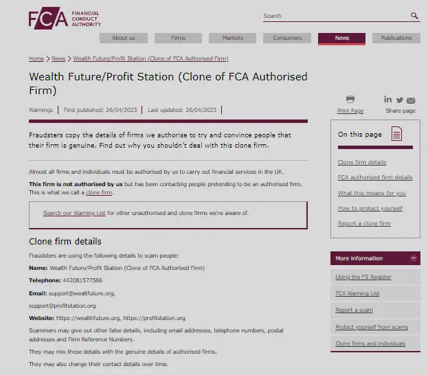 FCA Warning against WealthFuture